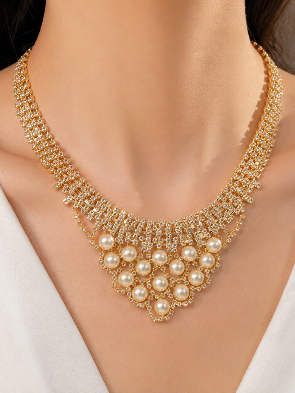 Elegant Gold Faux Pearl Statement Necklace - Women Jewelry